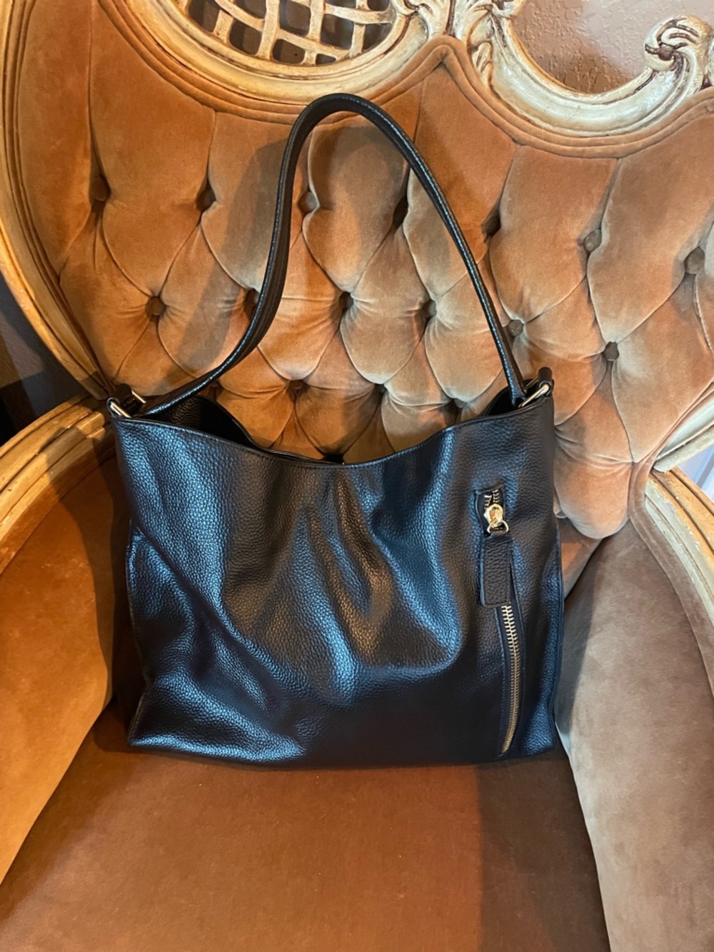 Classic Black Pebbled Leather Hobo Shoulder Bag Tote Le Monde